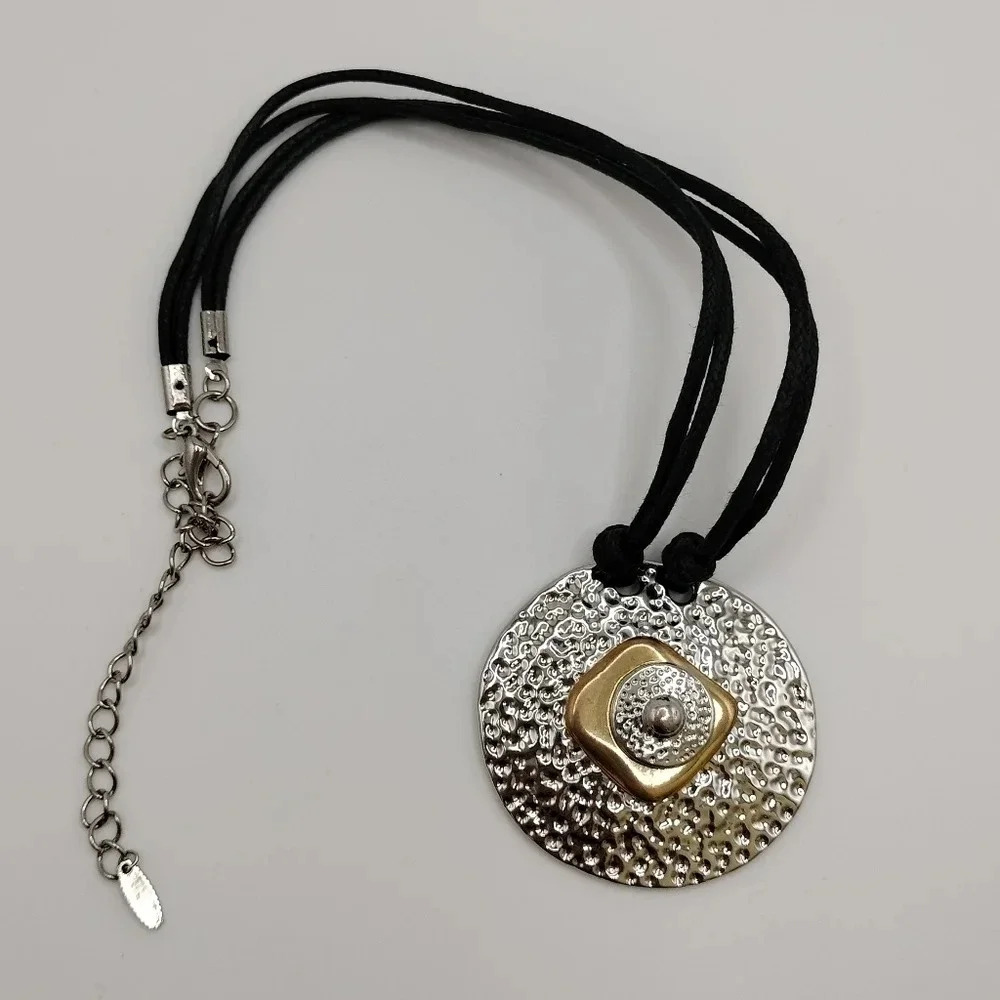 Vintage VCLM Large Silver Tone Hammered Medallion Pendant Corded Necklace 18"